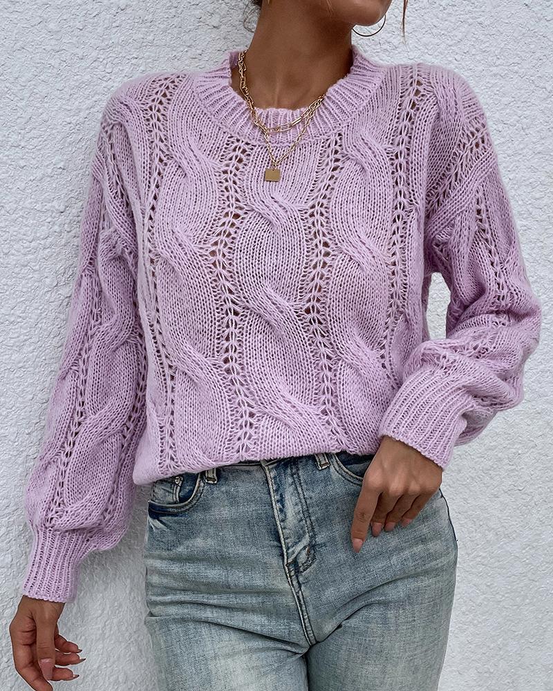 

Long Sleeve Hollow-out Braided Knit Sweater, Purple