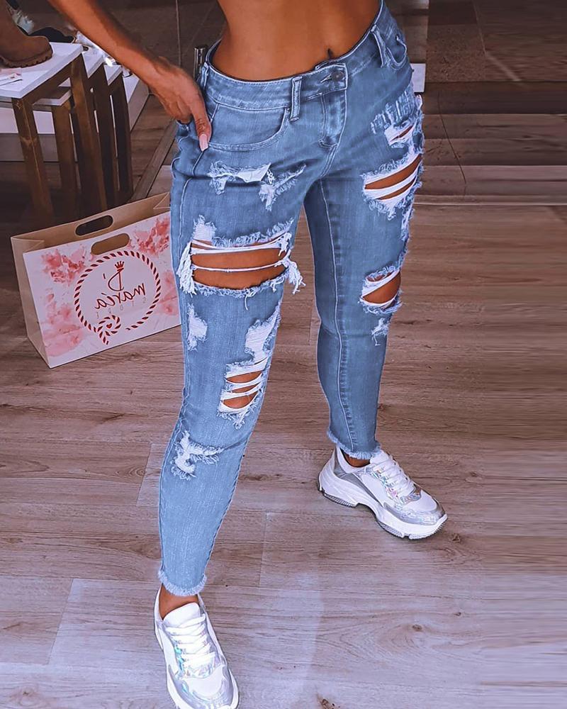

Cutout Fringe Hem Denim Pants, Lighted blue