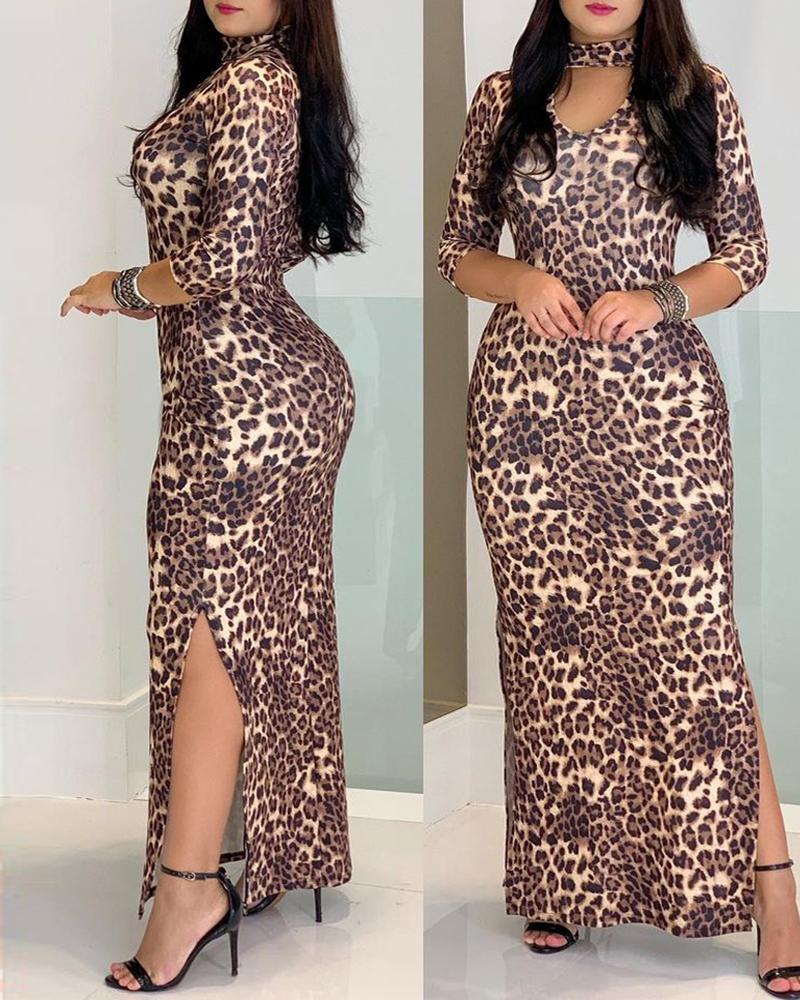 

High Slit Cheetah Print Cutout Front Maxi Dress, Leopard