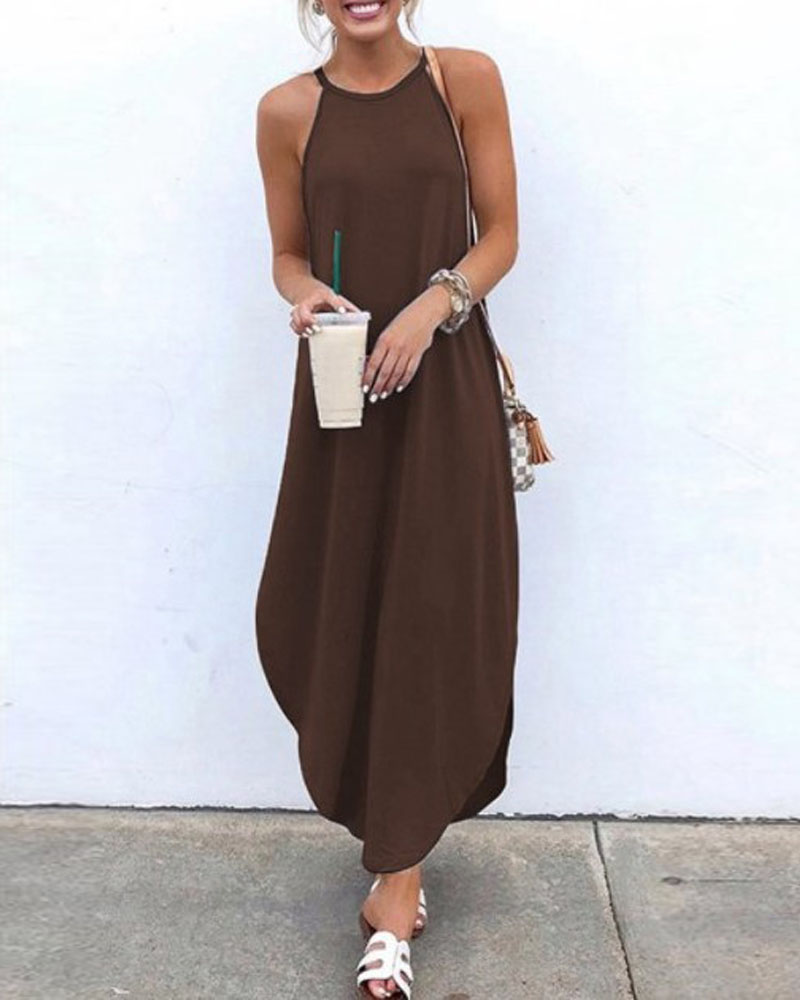 

Plain Round Neck Sleeveless Casual Dress, Brown