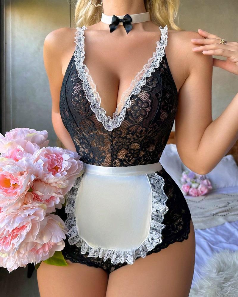 

Crochet Lace Frill Hem Plunge Cosplay Lingerie Maid Costume Teddy, Black