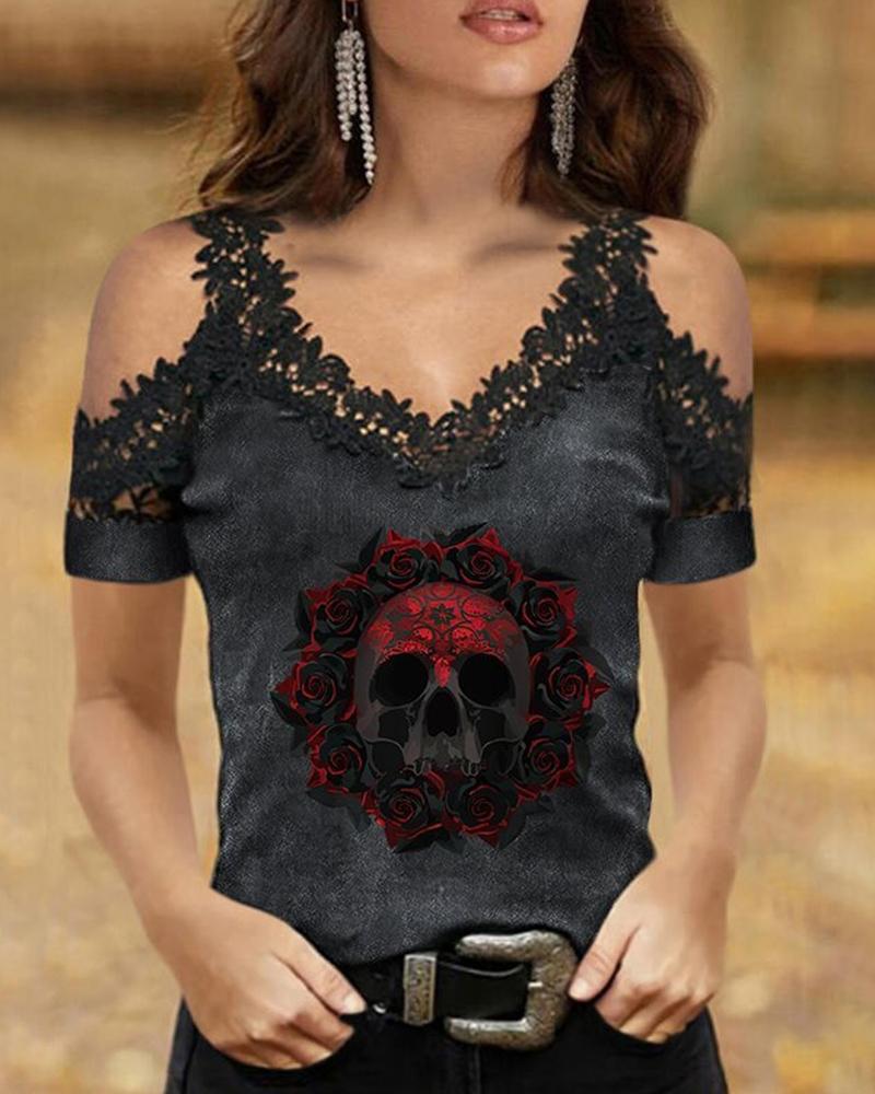 

Skeleton Print Short Sleeve Cold Shoulder Cut-out T-shirts, Black