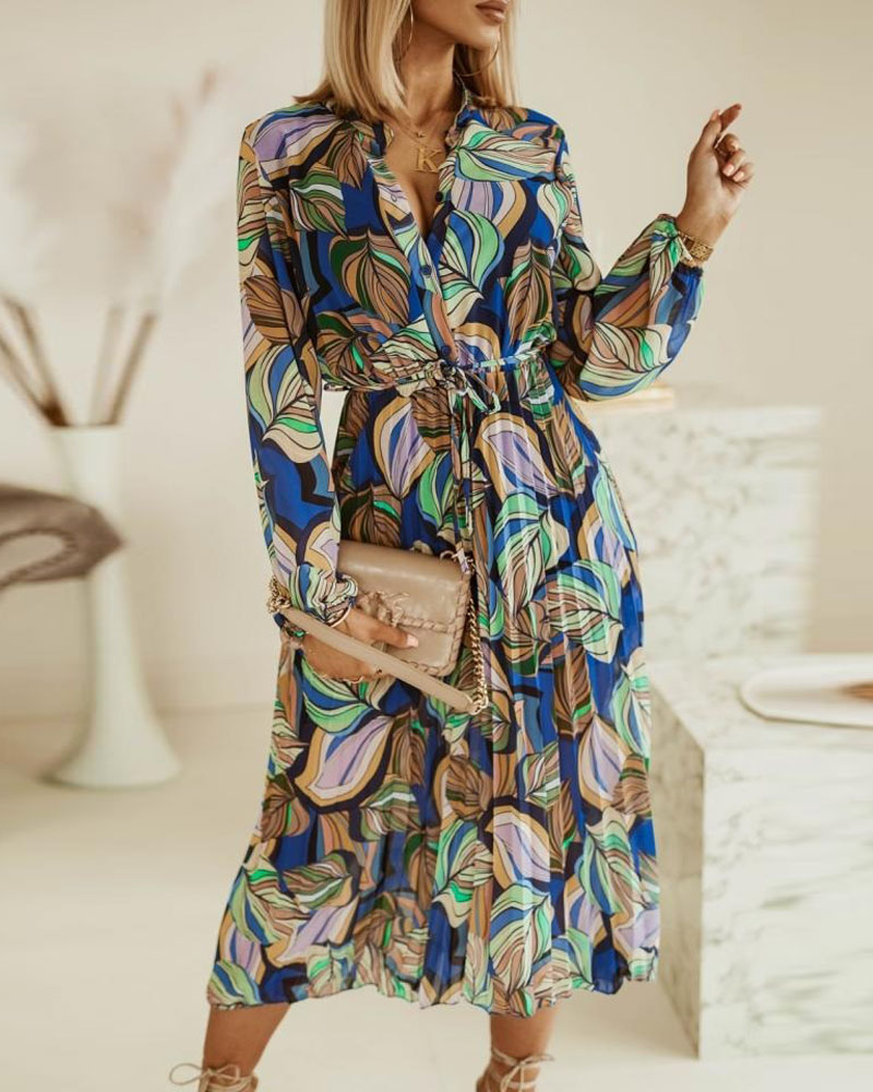 

Plants Print Button Front Pleated Shirt Dress, Blue
