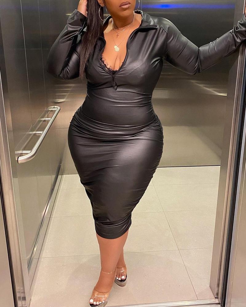 

Plus Size Long Sleeve PU Leather Ruched Bodycon Dress, Black