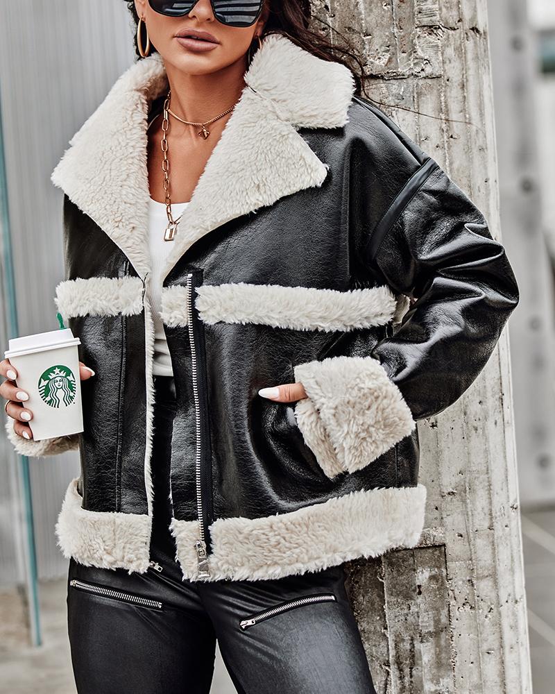 

Zipper Pocket Design Lined PU Leather Jacket, Black