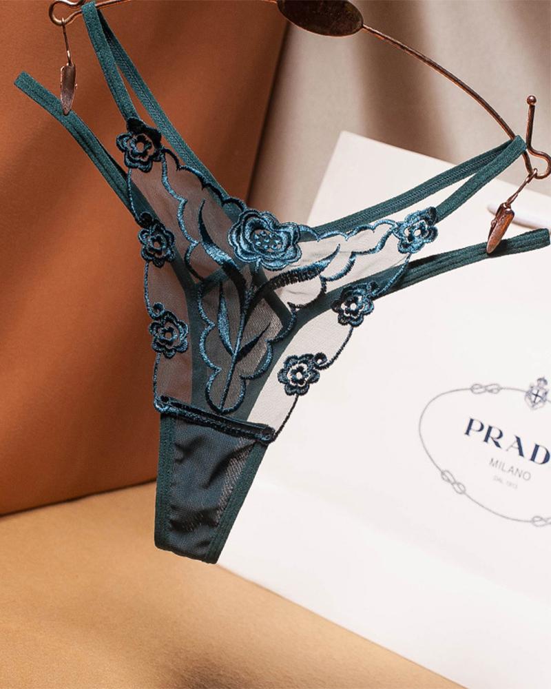 

See-through Mesh Splicing Embroidery Thong Panties, Green
