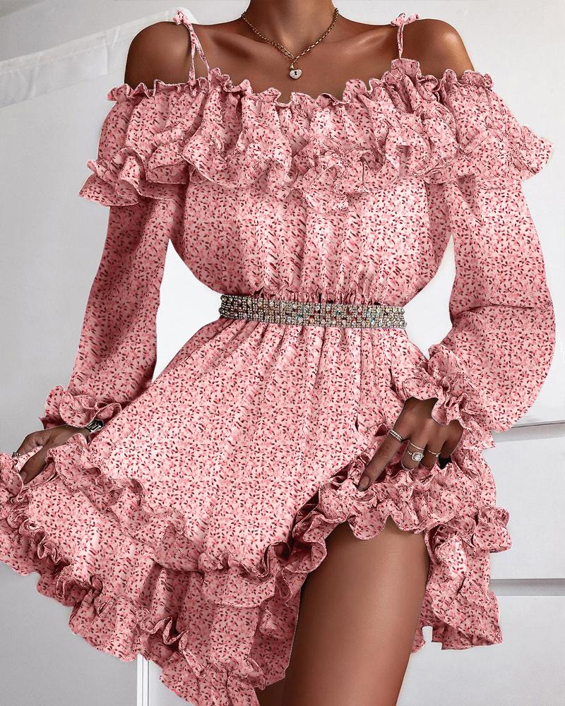 

Cold Shoulder Ruffles Ditsy Floral Print Dress, Pink