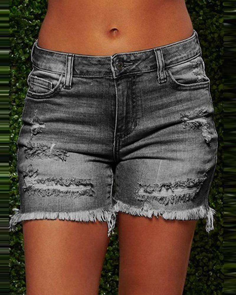 

Ripped Frayed Hem Denim Shorts, Gray