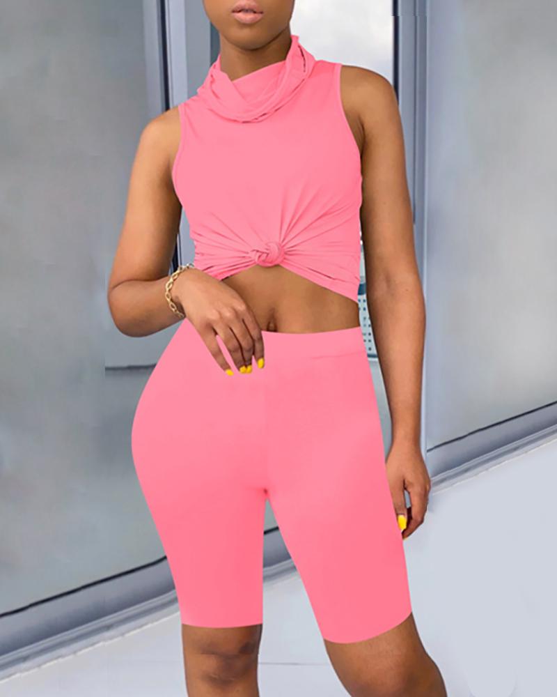 

Solid Sleeveless Casual Top & Shorts Set, Pink