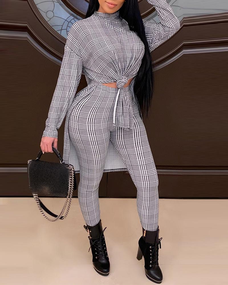 

Houndstooth Slit Top & High Waist Pants Set, White