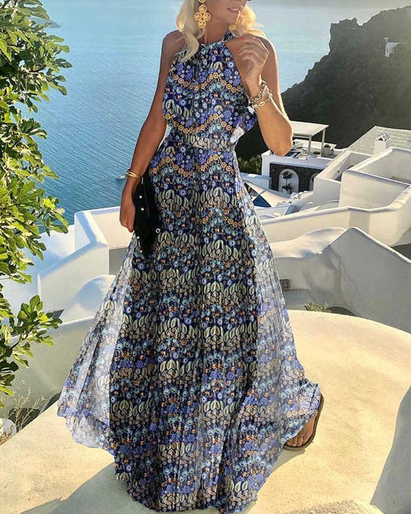 

Allover Print Chiffon Pleated Maxi Dress, Blue