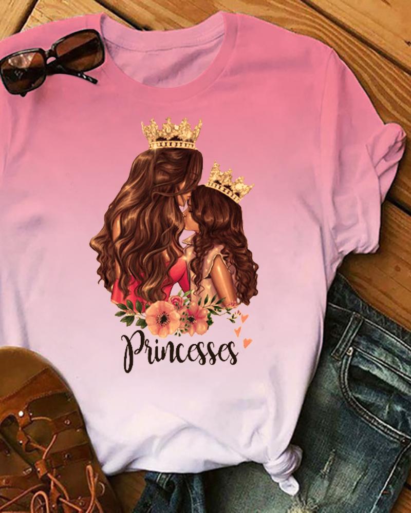 

Graphic Letter Print Ombre Colorblock T-Shirt, Pink