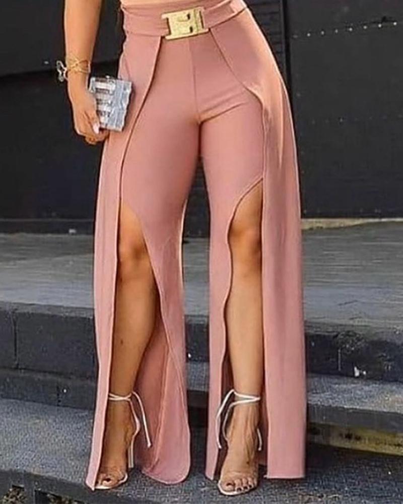 

Long Slit Pants With Belt, Pink
