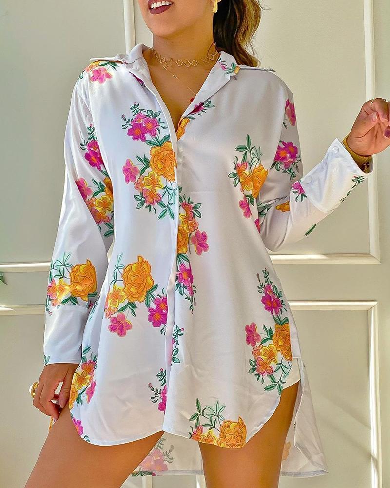 Asymmetrical Floral Print Buttoned Shirt Dress