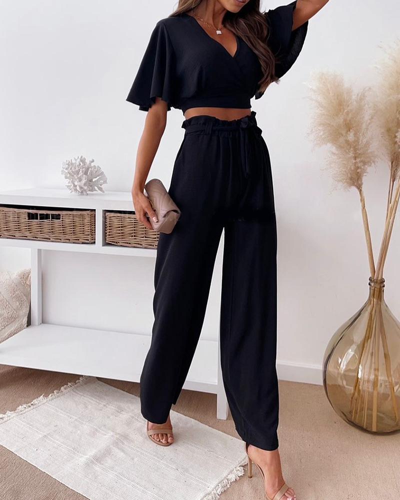 

Short Sleeve Cutout Top & High Waist Pants Set, Black