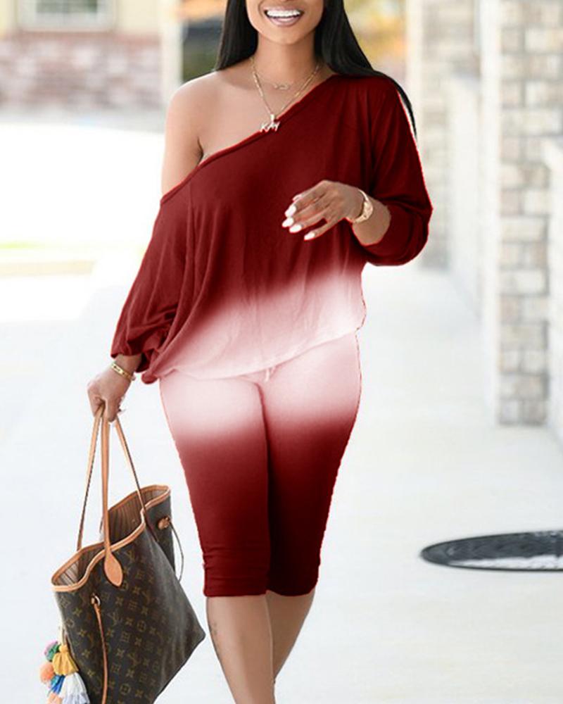 

Plus Size Ombre Cold Shoulder Top & Skinny Pants Set, Wine red