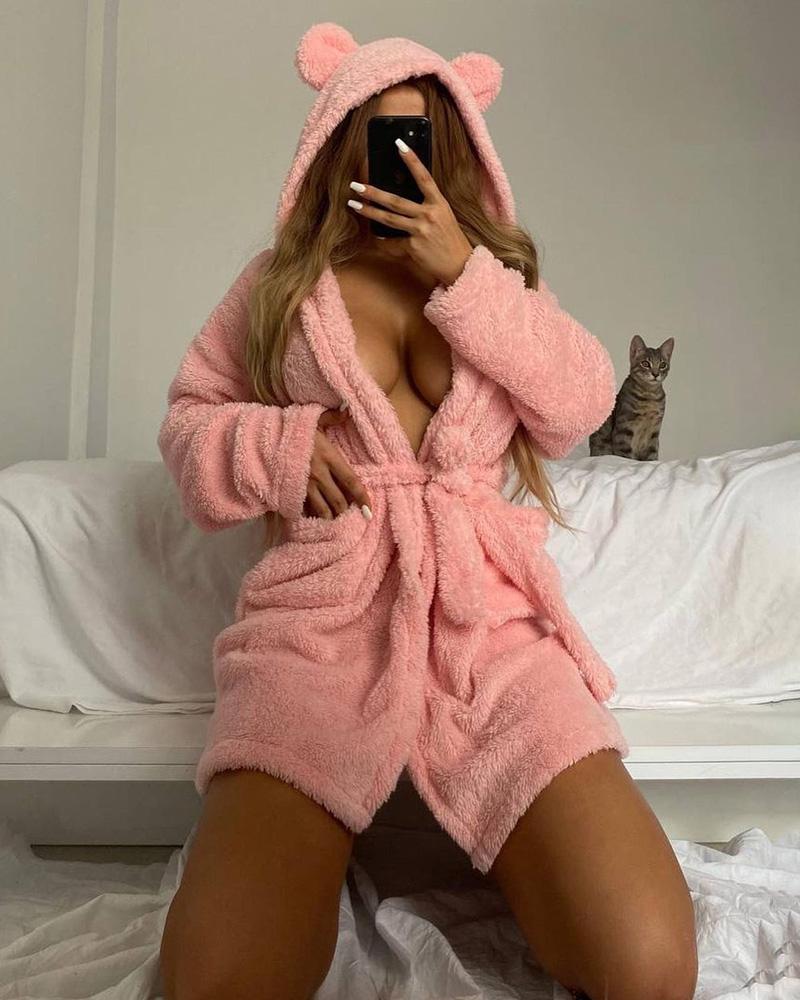 

Tied Detail Pocket Design Fluffy Bear Ear Hooded Robe, Pink