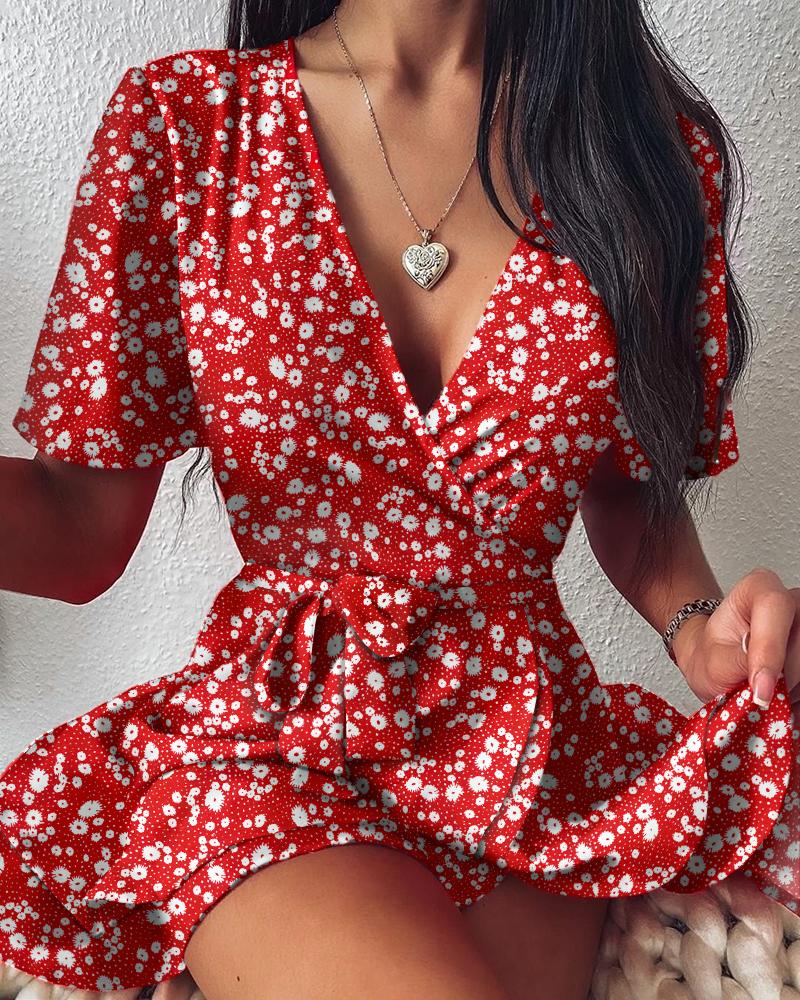 

Sakura Print Tied Detail Wrap Dress, Red