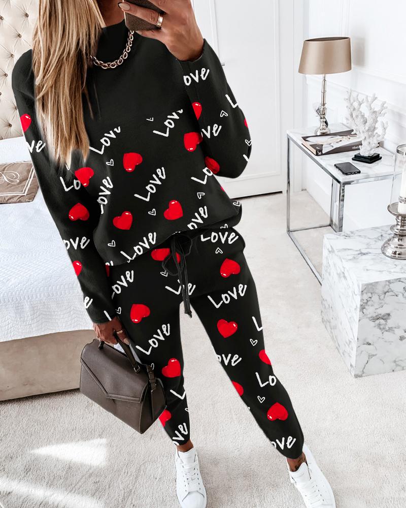 

Valentine' Day Love Heart Print Long Sleeve Top & Pants Set, Black
