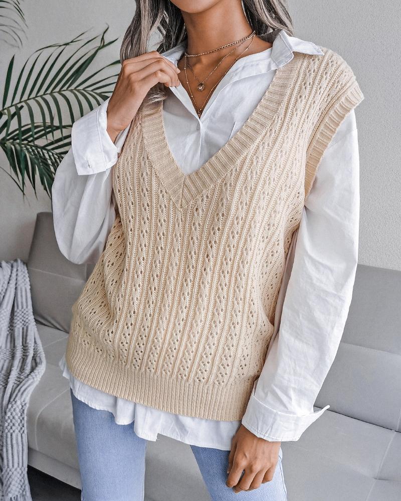 

V Neck Hollow-out Knit Tank Top, Beige