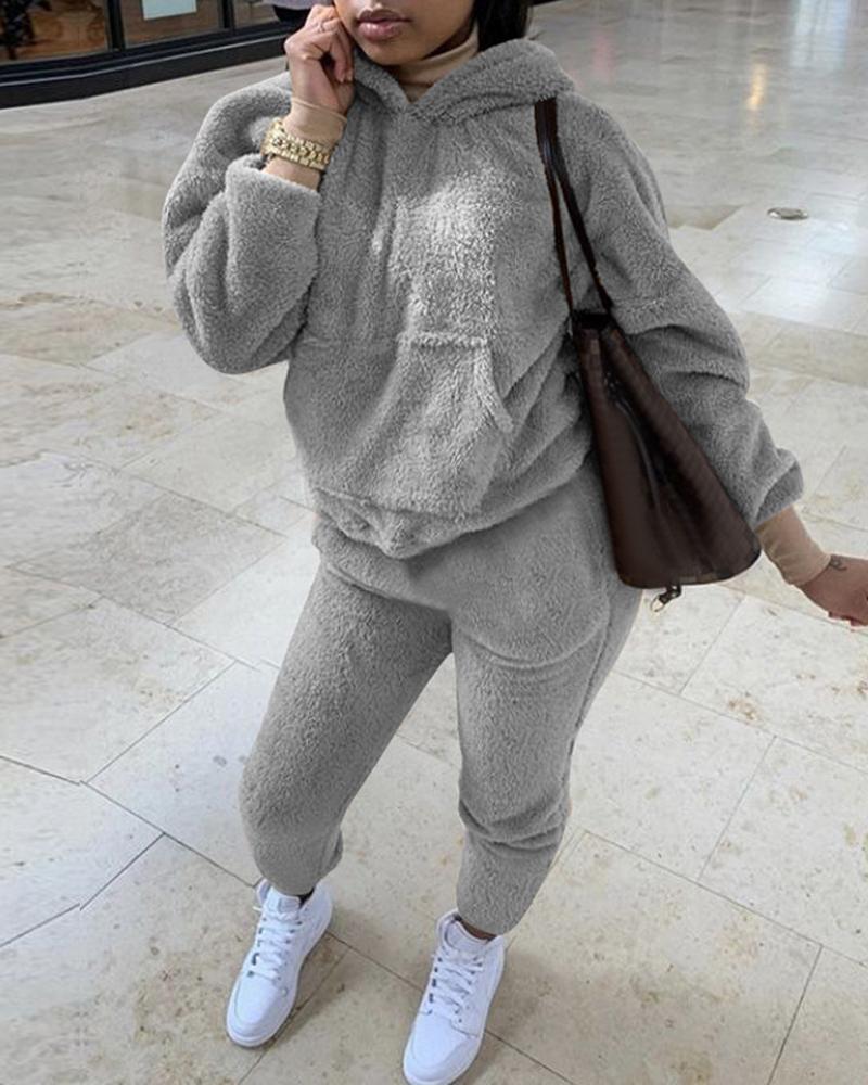

Long Sleeve Pocket Detail Fluffy Hoodie & Pants Set, Gray