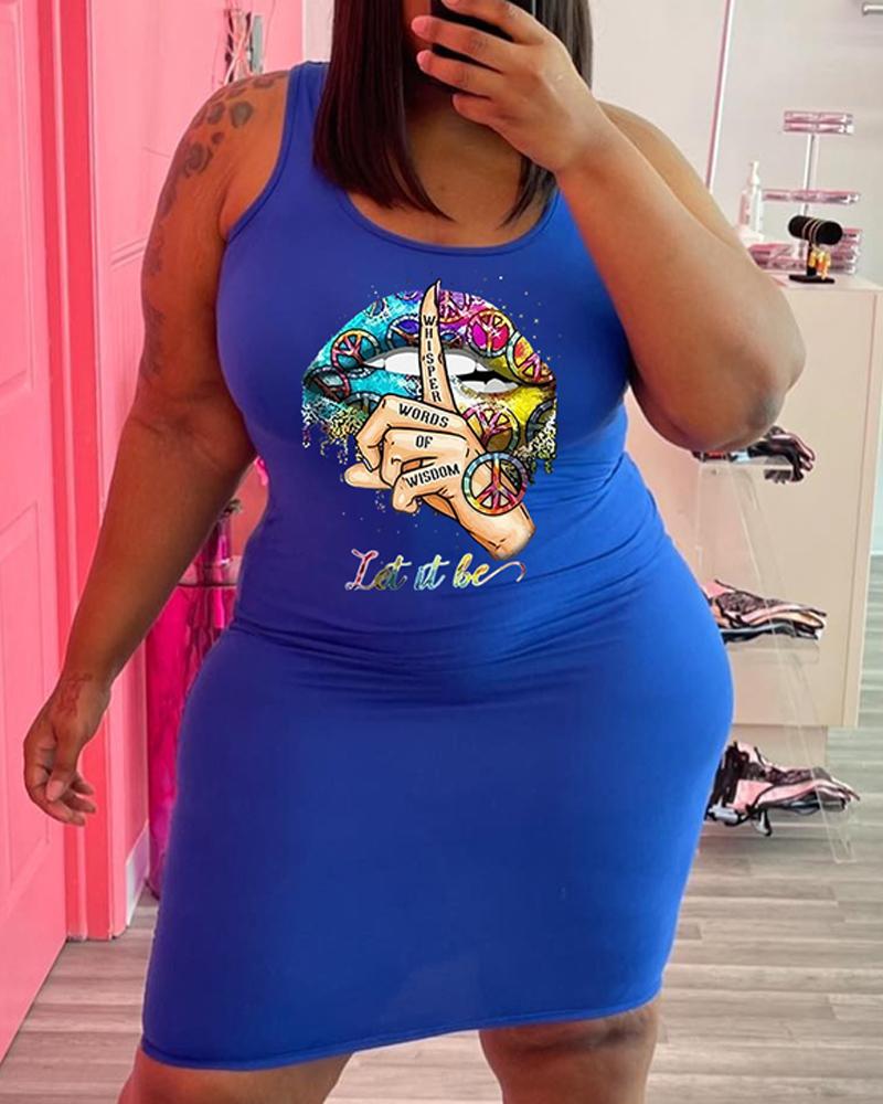 

Plus Size Slogan Print Casual Tank Dress, Blue