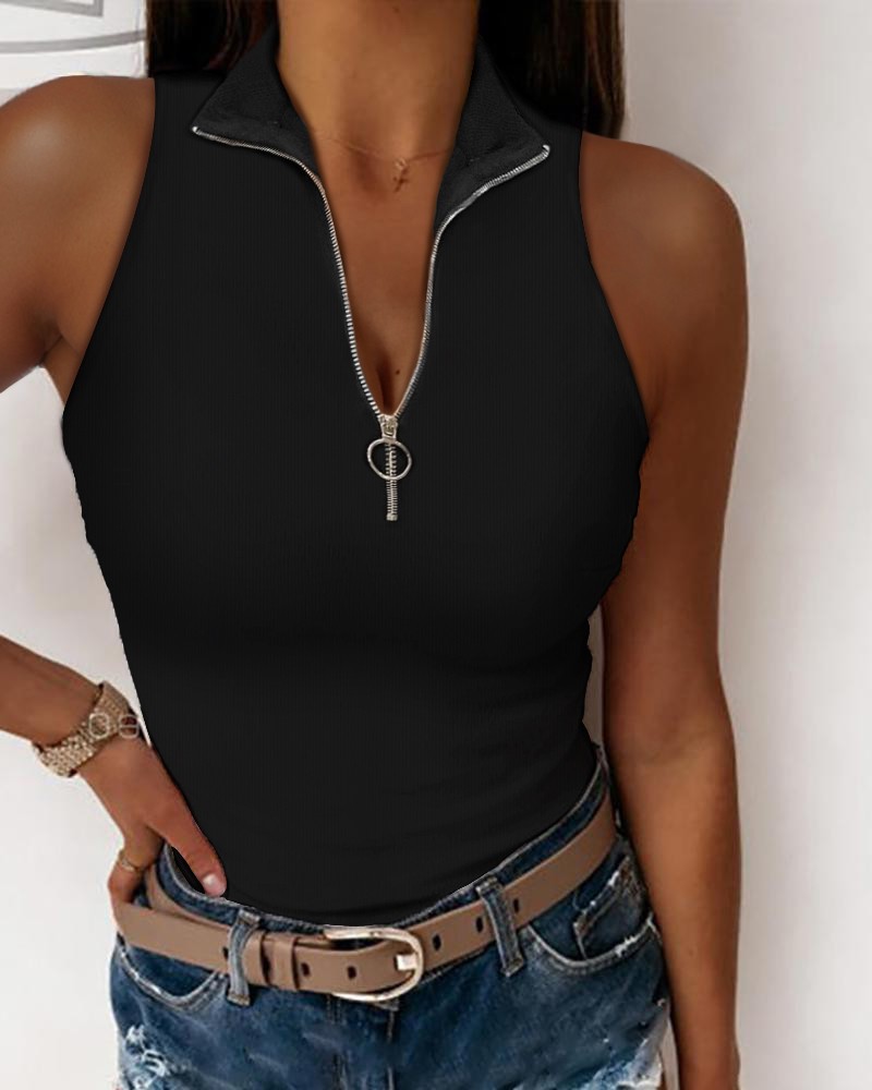 Zip Sleeveless Plain Tank top