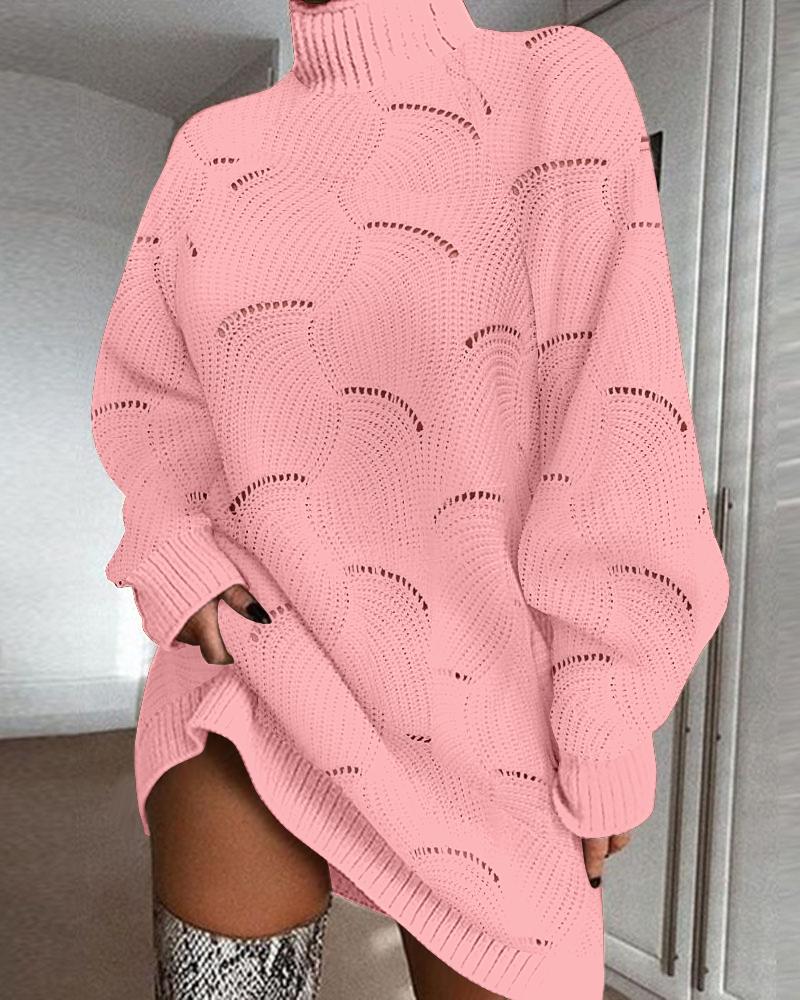 

High Neck Hollow-out Casual Sweater Dress, Pink