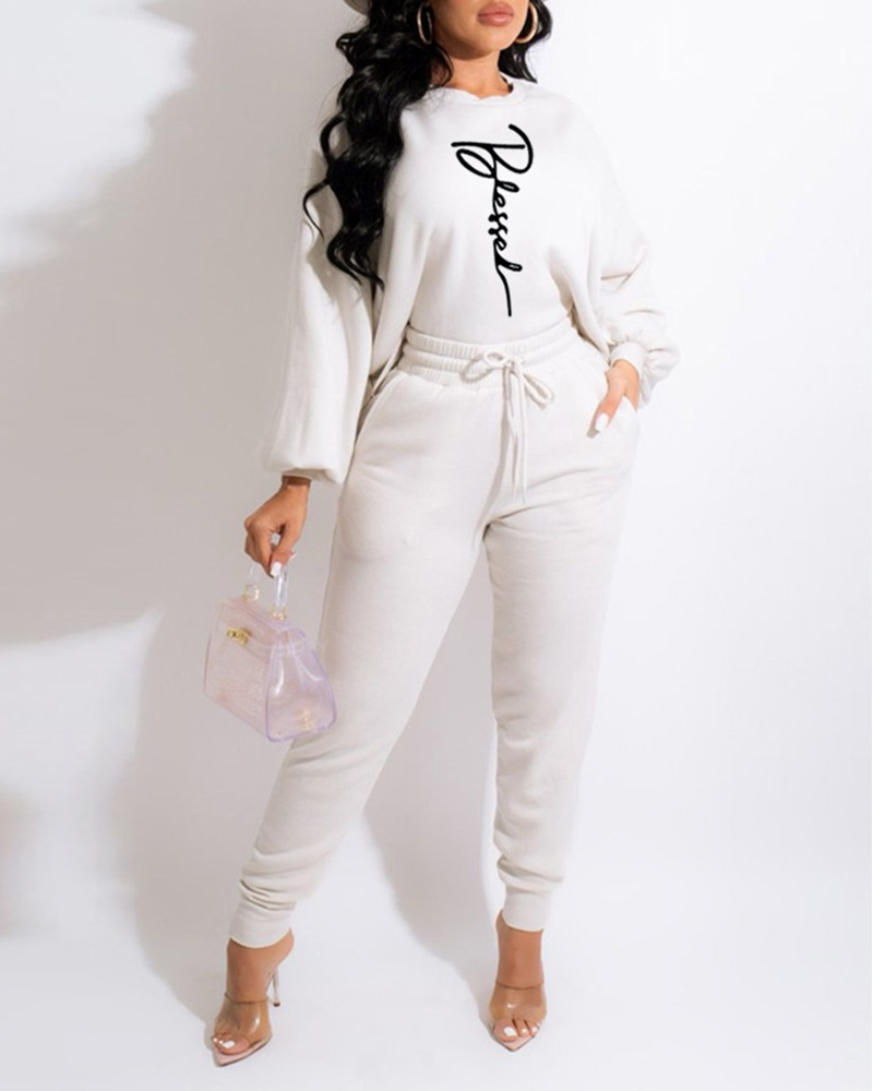 

Letter Pattern Lantern Sleeve Sweatshirt & Pocket Design Pants Set, White