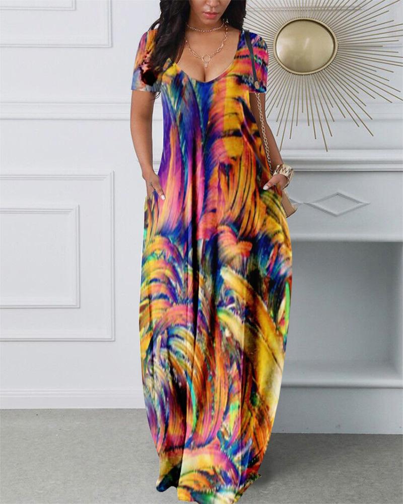 

V-Neck Allover Print Pocket Design Dress, Multicolor