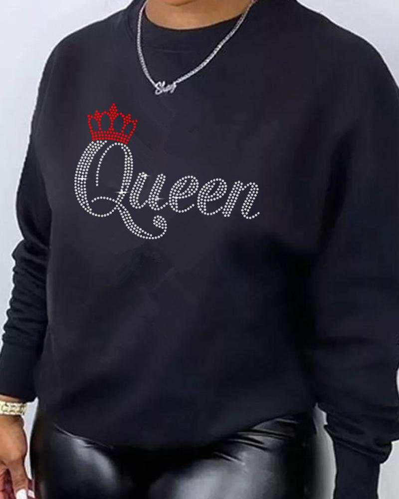 

Plus Size Rhinestone Letter Pattern Casual Sweatshirt, Black