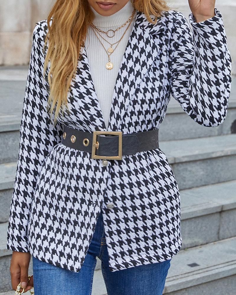 

Houndstooth Print Long Sleeve Blazer Coat, White