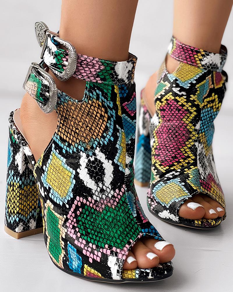 

Snakeskin Ankle Buckled Chunky Heels, Multicolor