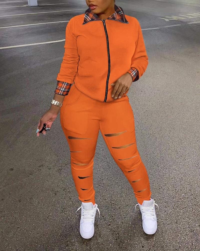 

Contrast Plaid Zip Up Top & Ladder Cutout Pants Set, Orange