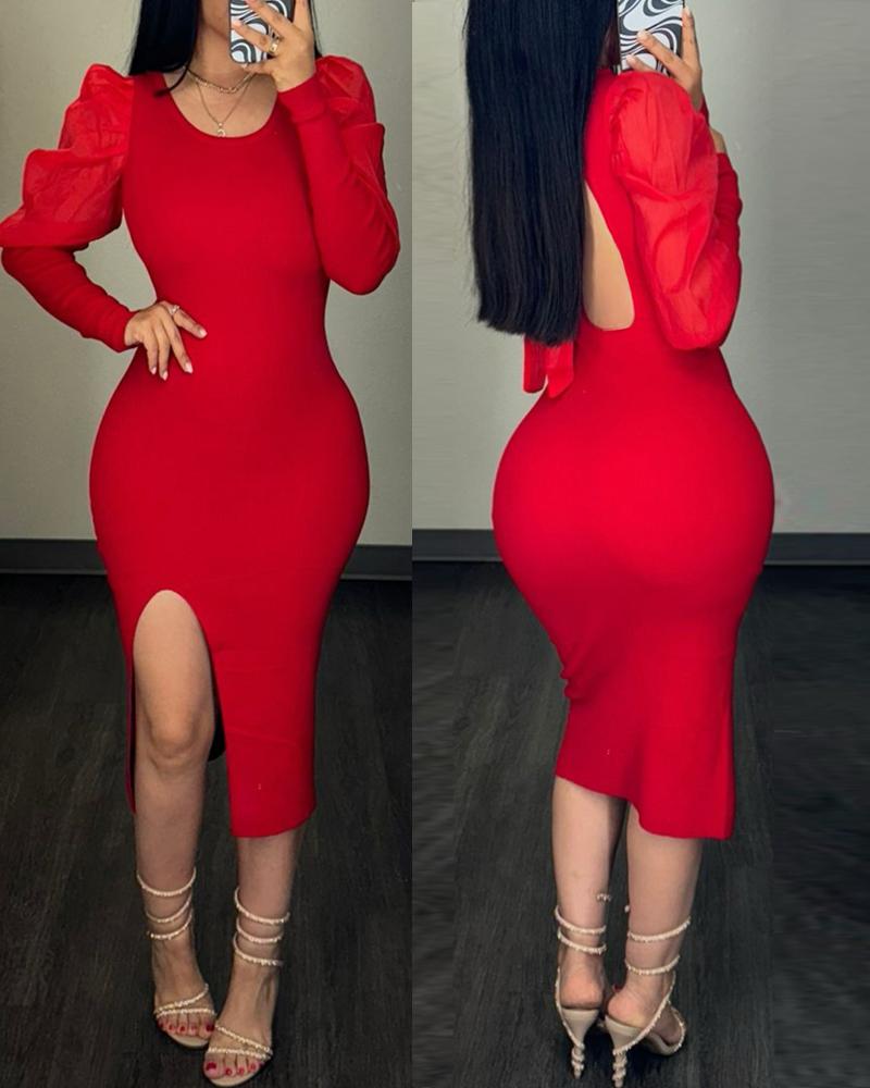 

Crewneck Puff Sleeve Backless Tied Detail Midi Dress Slit Slim Fit Party Club Bodycon Dress, Red