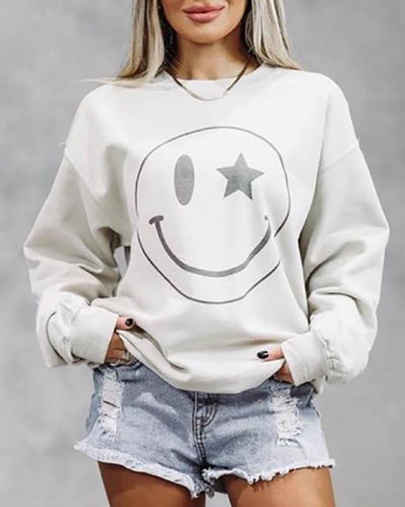 

Smile Face Print Drop Shoulder Long Sleeve Top, White