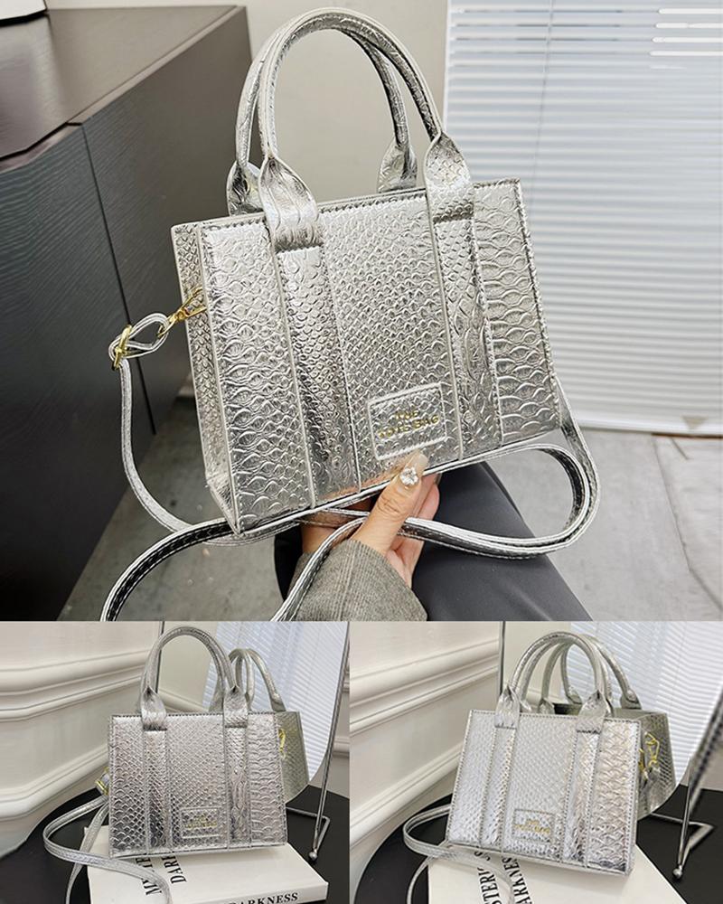 

Snakeskin Top Handle Trendy Crossbody Tote Bag, Silver