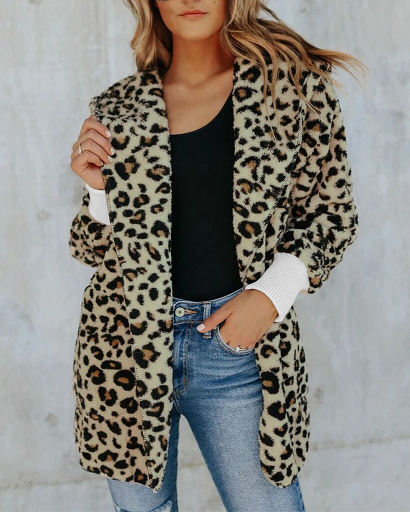 

Leopard Print Hooded Flannel Coat