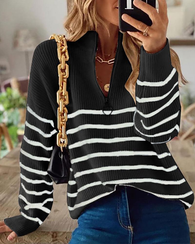 

Striped Zipper Design Long Sleeve Knit Sweater, Black