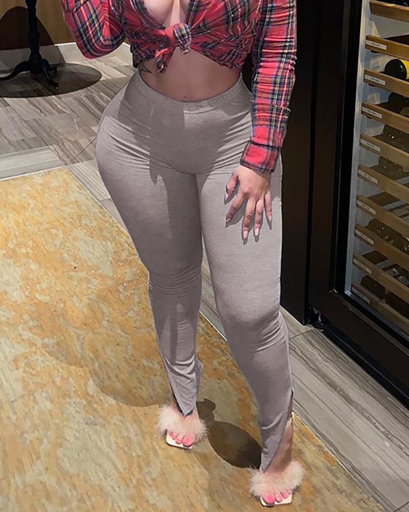 

High Waist Plain Skinny Slit Pants, Gray