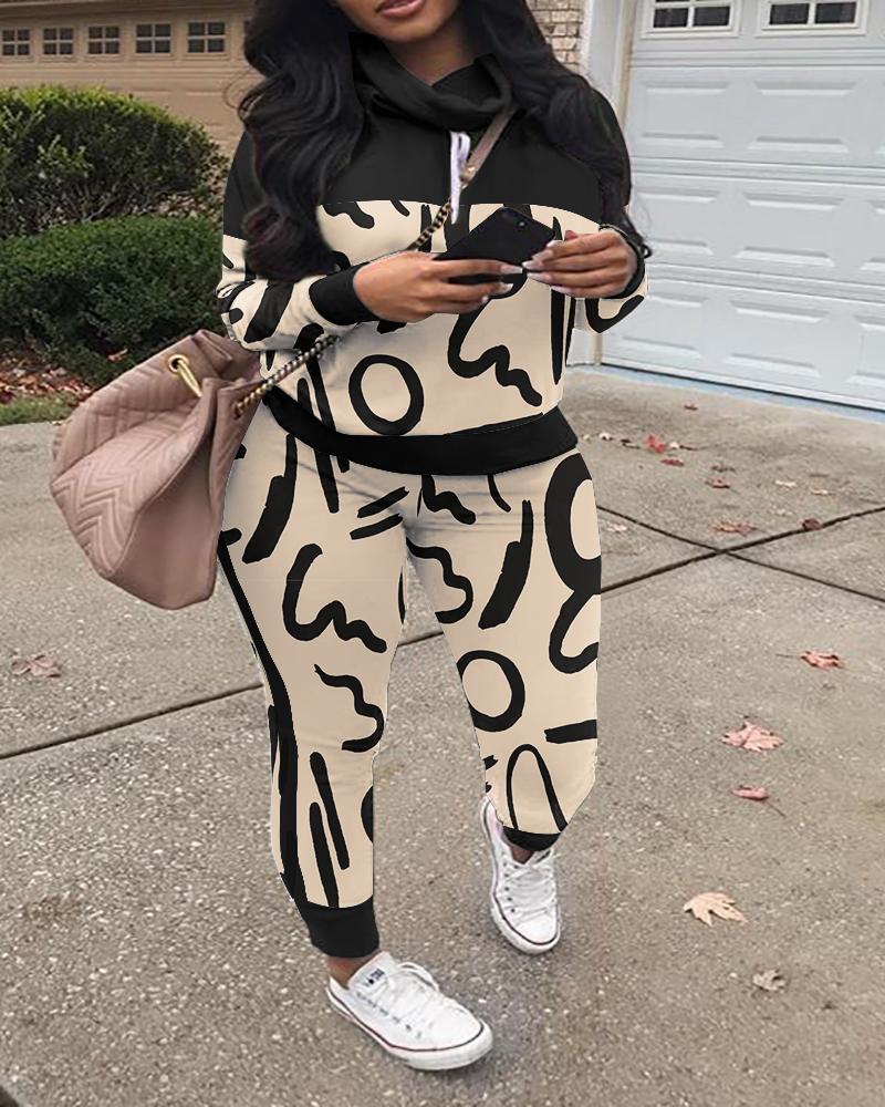

Plus Size Abstract Print Long Sleeve Hoodie & Pants Set, Apricot