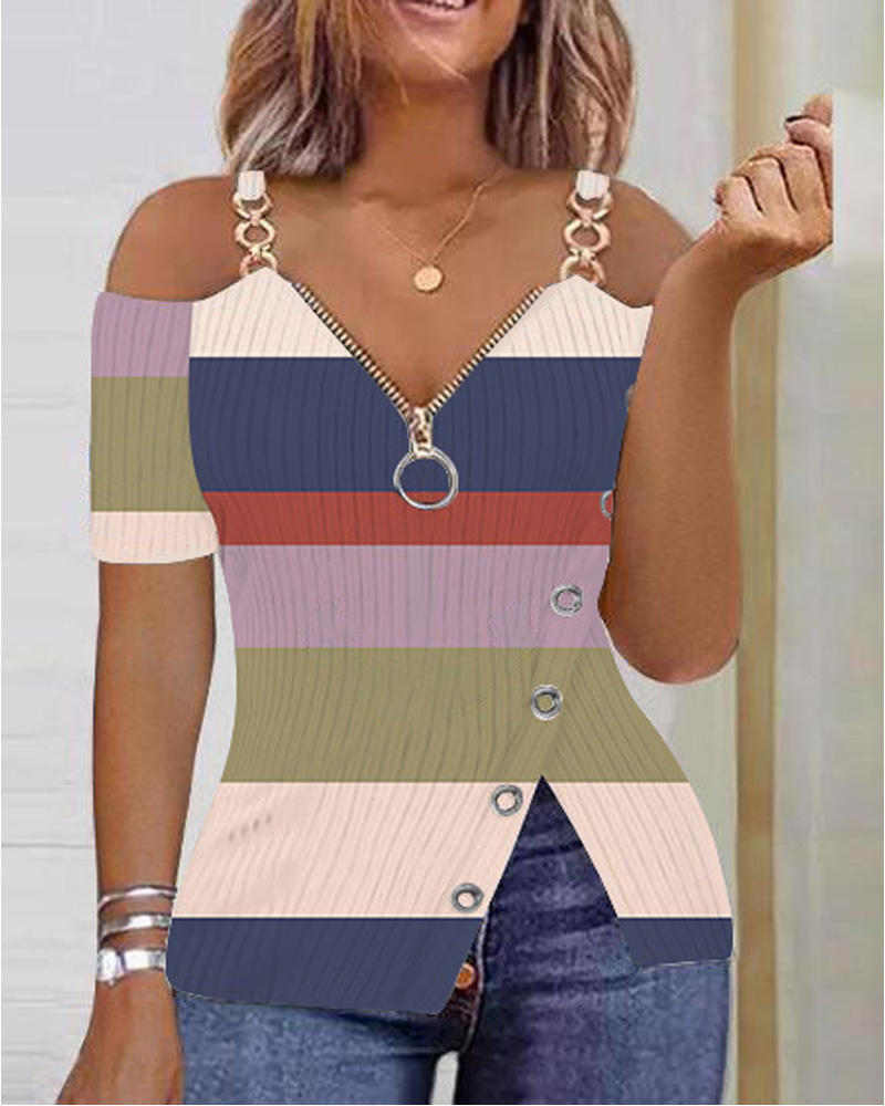 

Striped Colorblock Zip Detail Split Hem Cold Shoulder Top, Multicolor