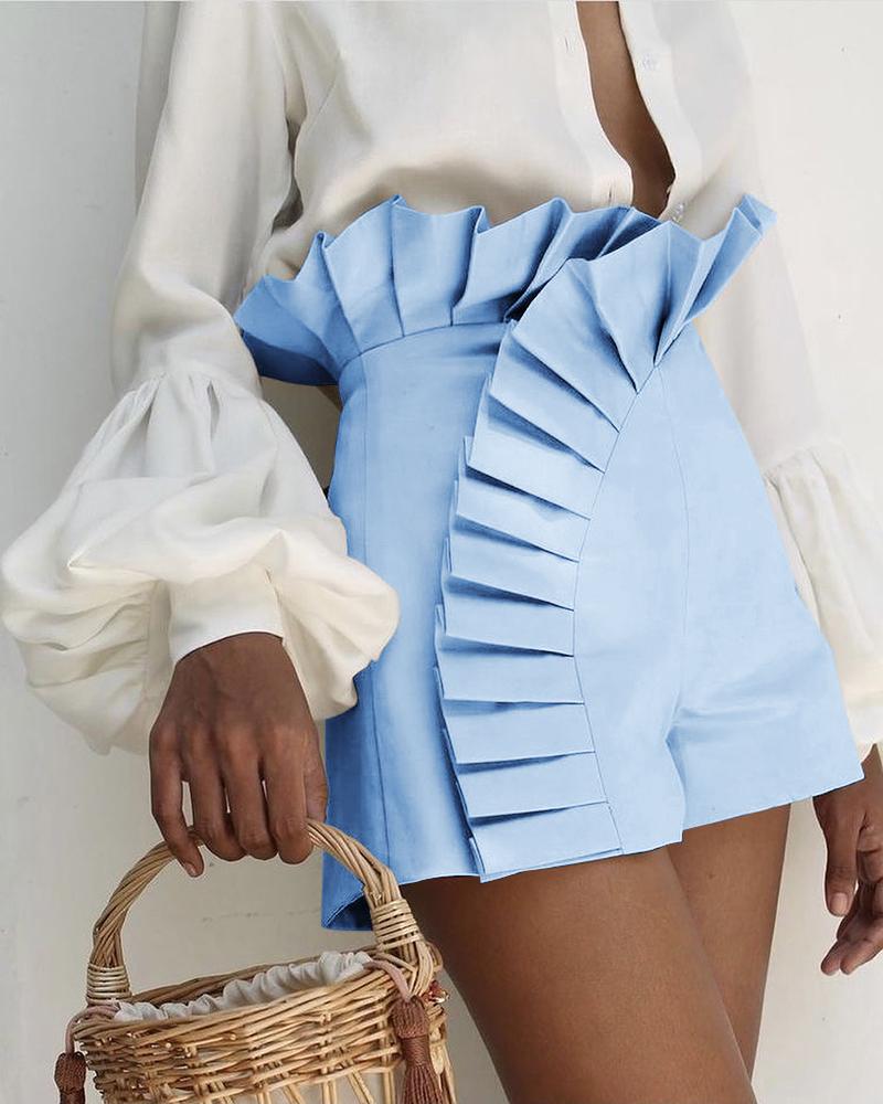 

Ruffle Hem Ruched High Waist Shorts, Sky blue