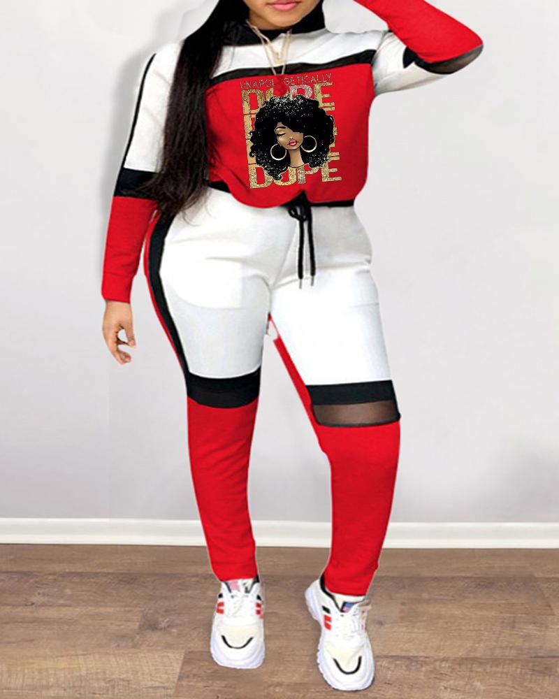 

Plus Size Figure Letter Print Colorblock Top & Pants Set, Red