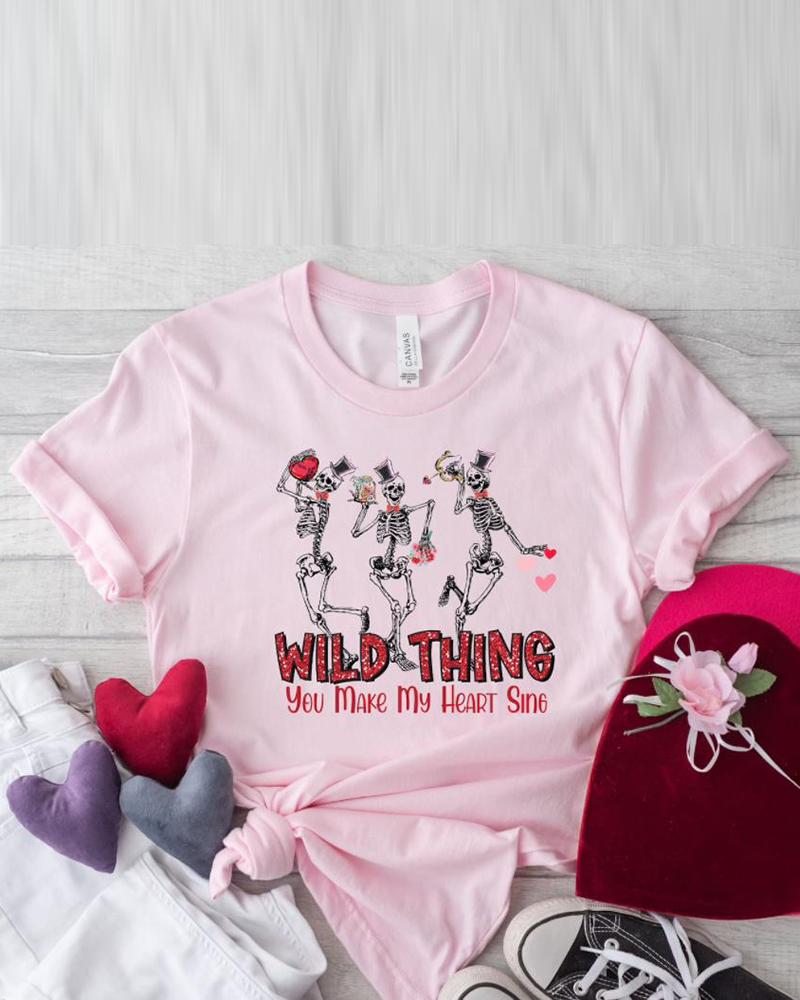 

Valentine' Day Skull Skeleton Letter Heart Print T-shirt, Pink