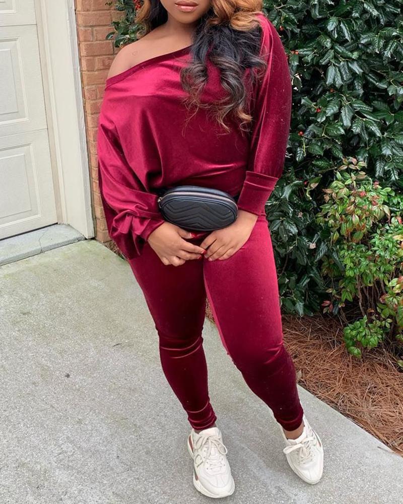 

Plus Size Plain Long Sleeve Casual Sweatshirt & Skinny Pants Set, Red