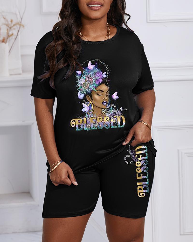 

Plus Size Just Blessed Figure Print Casual T-shirt & Shorts Set, Black