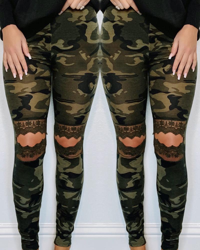 

Camouflage Lace Insert Cut Out Casual Pants, Army green