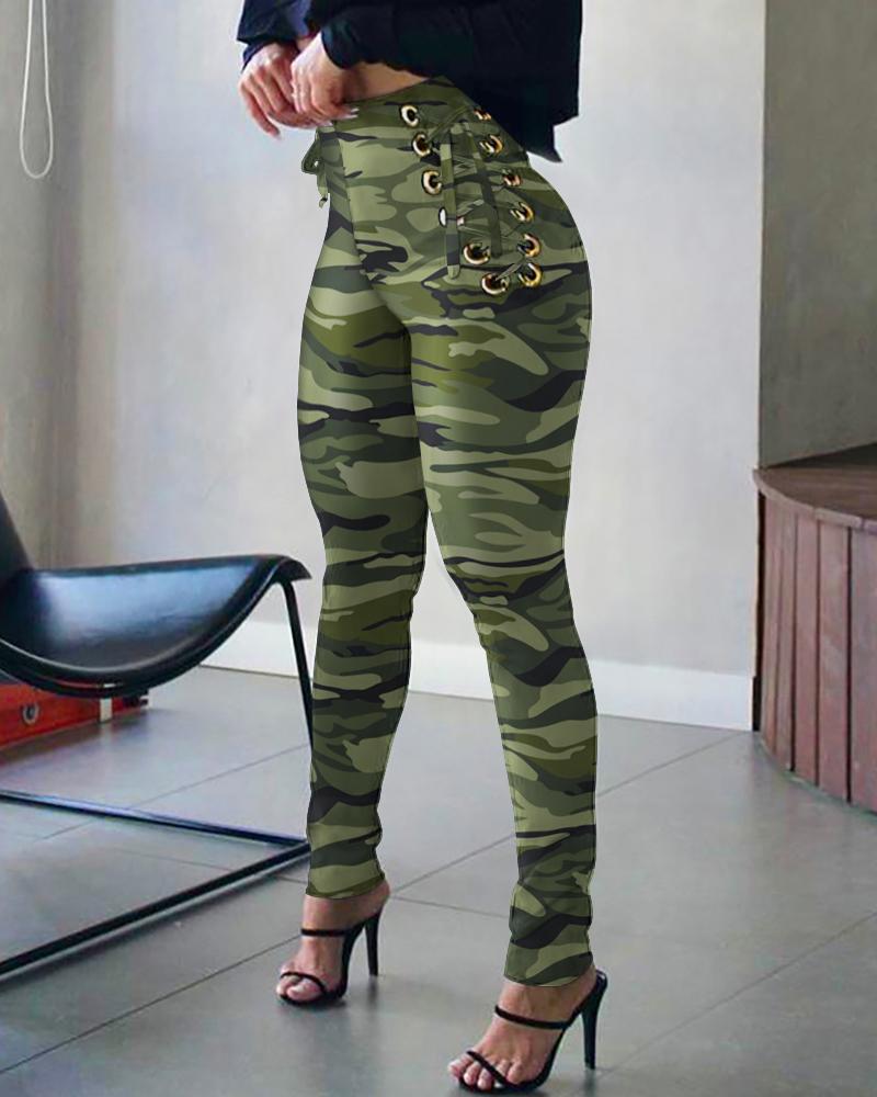 

Camouflage Print High Waist Eyelet Lace-up Skinny Pants, Camoflage