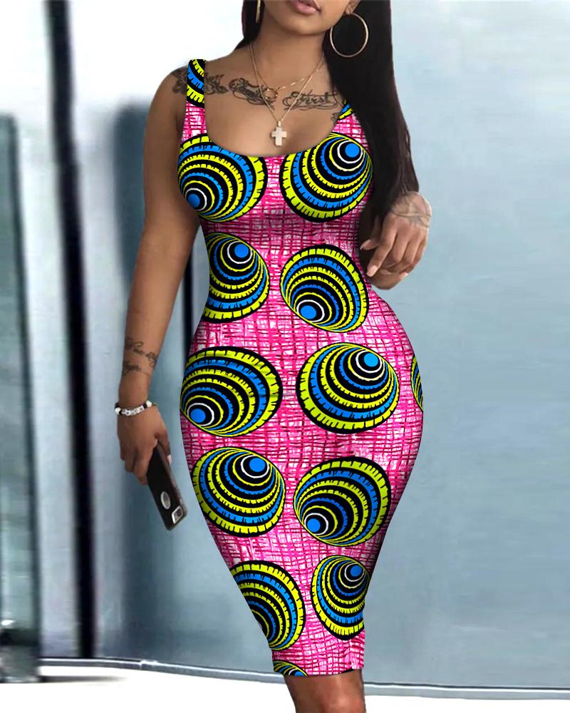 

Graphic Print Sleeveless U-Neck Bodycon Dress, Hot pink